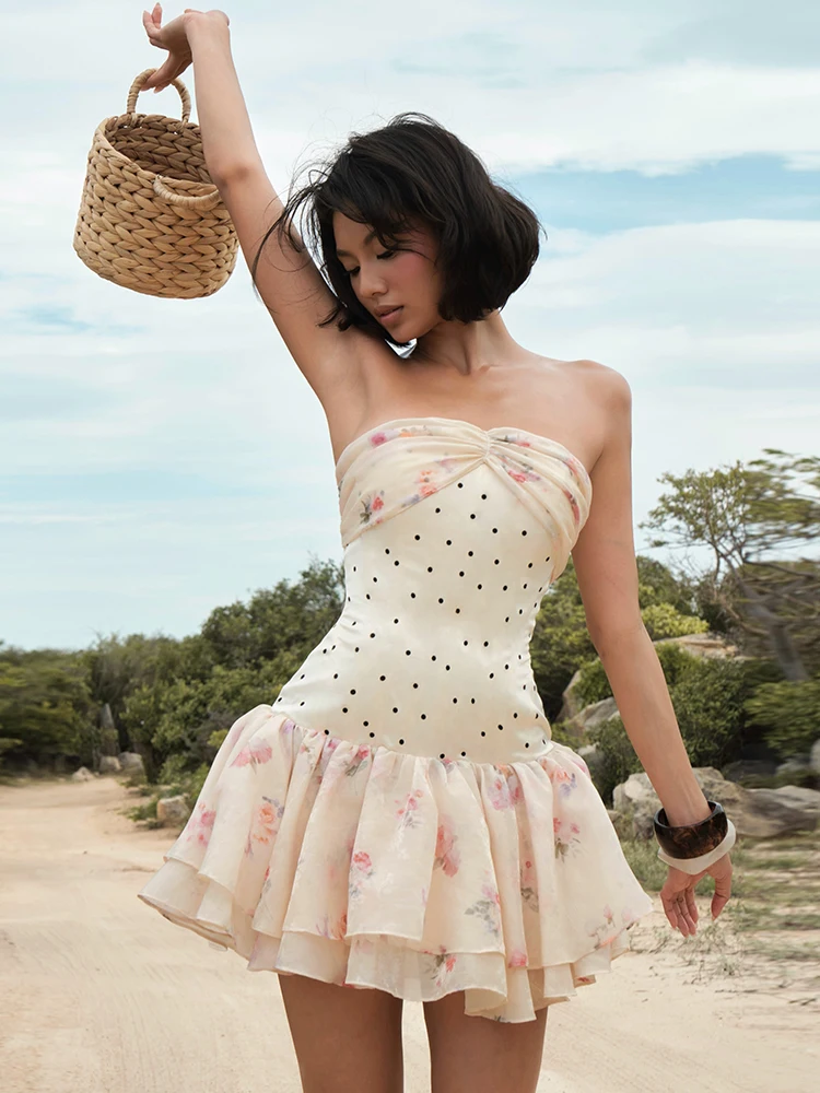 Kliou Floral Print Mini Dress Woman Polka Dot Patchwork Sexy Wrap Chest Backless Sweet Girl Birthday Party Elegant Style Bodycon