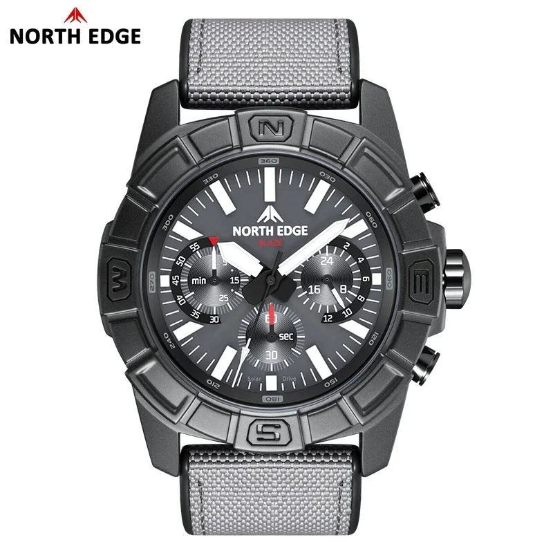 NORTH EDGE BLAZE Men's Watches Solar Power 316 Stainless Steel Case Quartz Watch For Men Pilot Sports Waterproof 50M Stopwatch