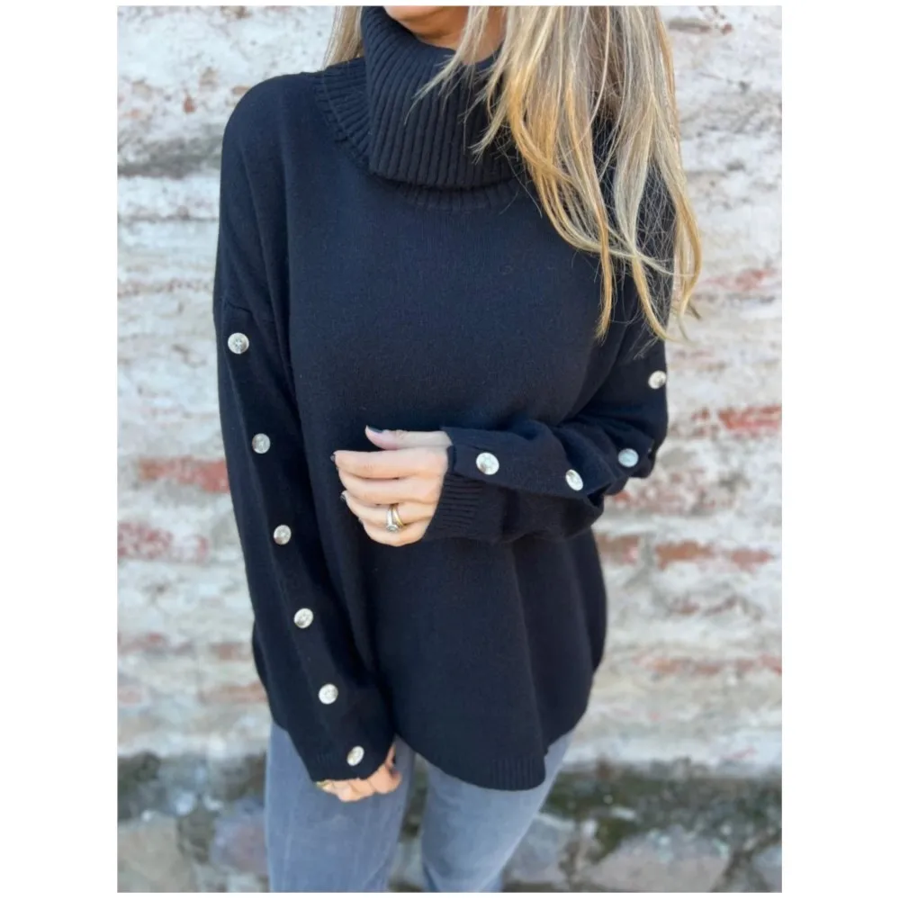 

Fashion High Neck Button Long-sleeved Pullover Women Sweater Autumn Winter New Loose Elegant Female Versatile Pullover Tops Coat