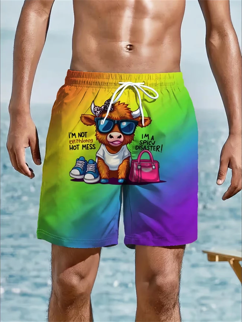 

Novelty 3D Cow Graphic Beach Shorts Men's Funny Animal Print Casual Wear Beach Shorts For Surfing & Holiday Summer Swim Trunks