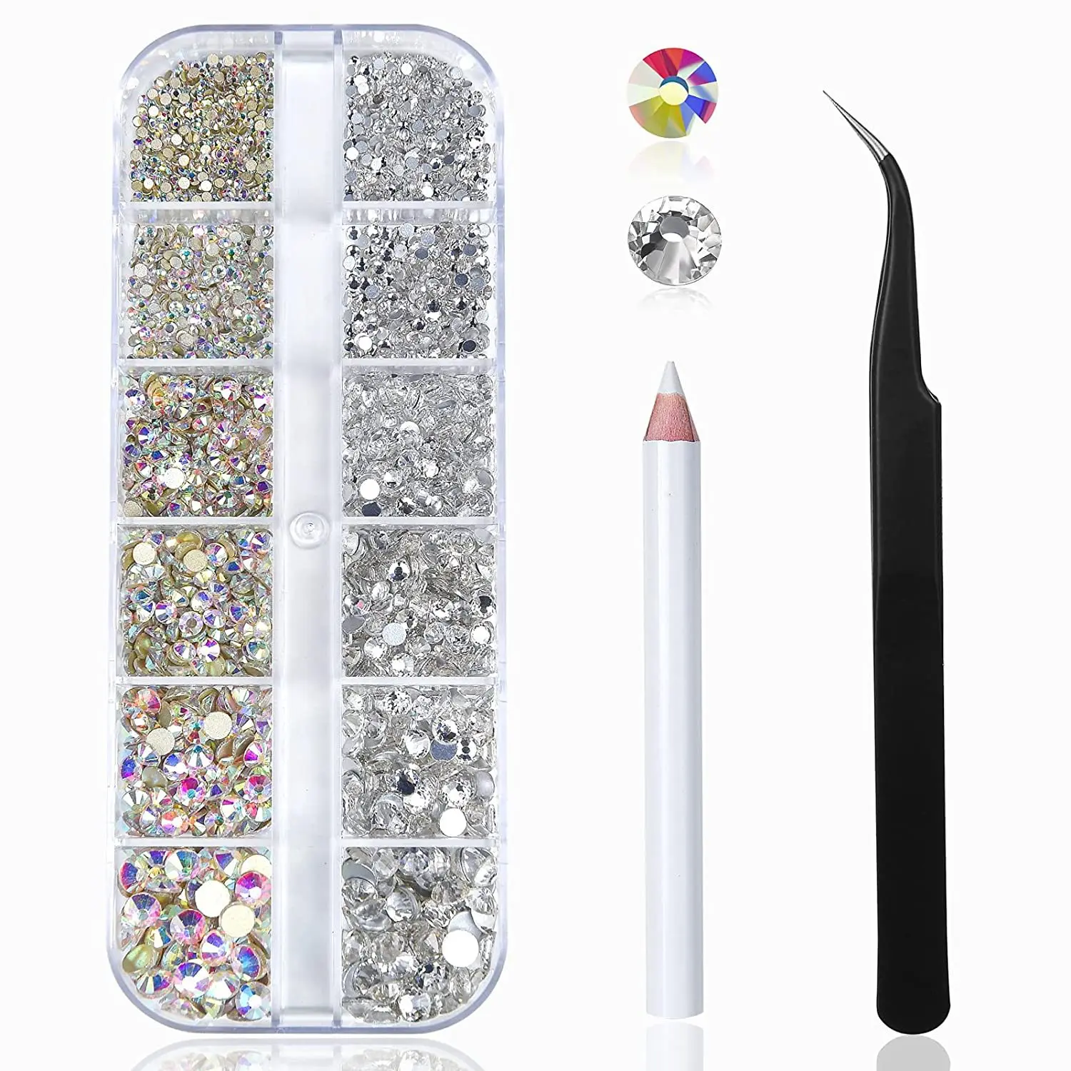 Nail Art Rhinestone 6/12 Grids Box Nail Beads AB Crystal Nail Diamond Glitter Flatback Gems，Boxed Manicure Decoration Jewelry ZB