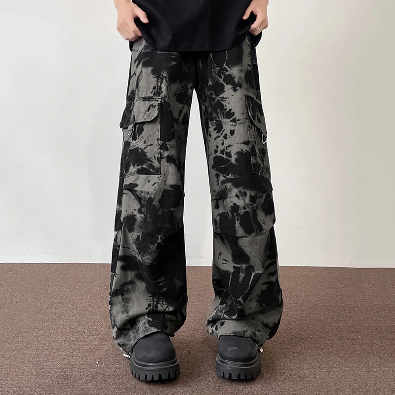 FEWQ Price New Autumn Camouflage Vintage Wide Leg Male Trousers Pocket New Fashion Korea Darkwear 24E1408