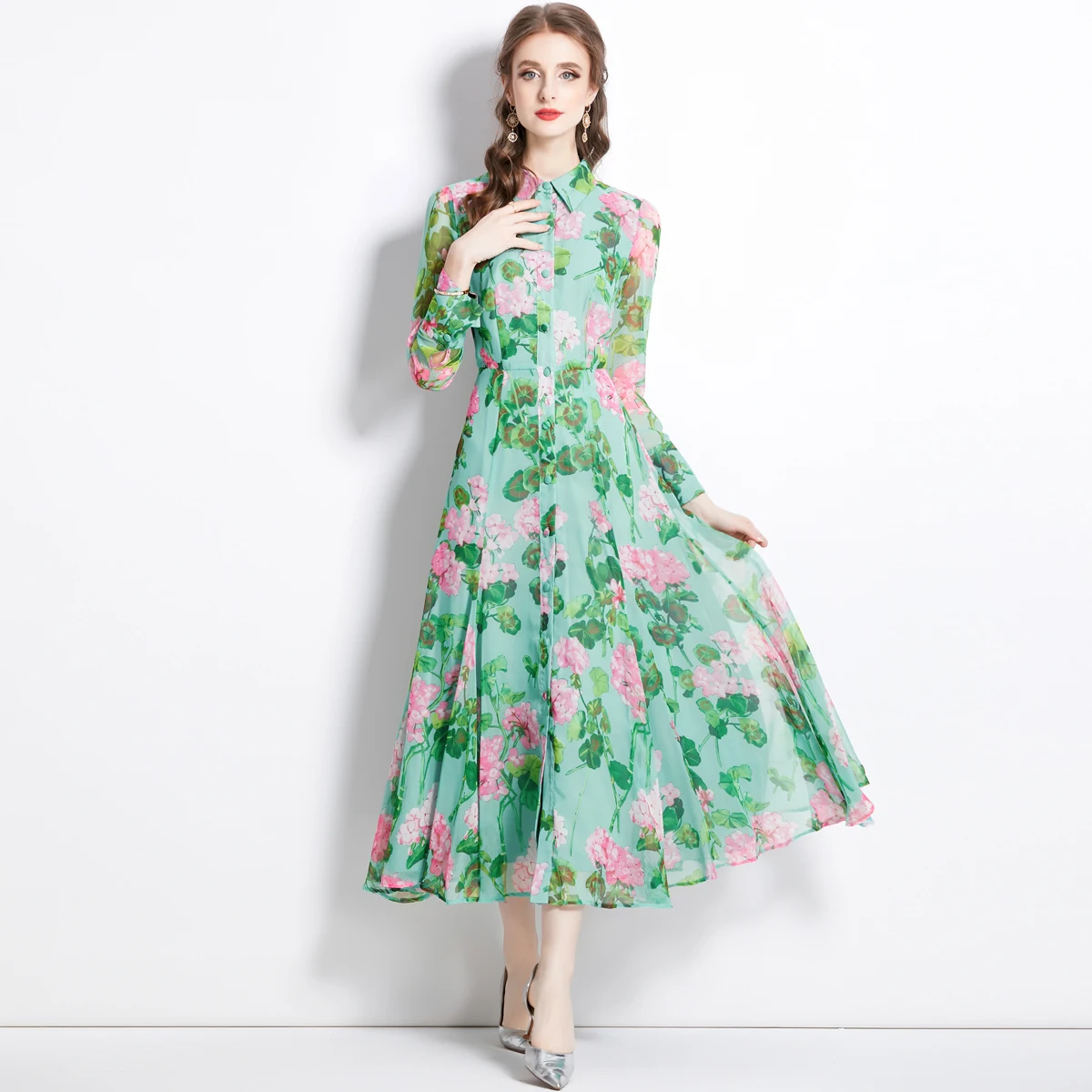 2025 New Spring Autumn Women Long Sleeve Slim Maxi Dress High Quality Fashion Green Floral Big Hem Single Breasted Shirt Dress