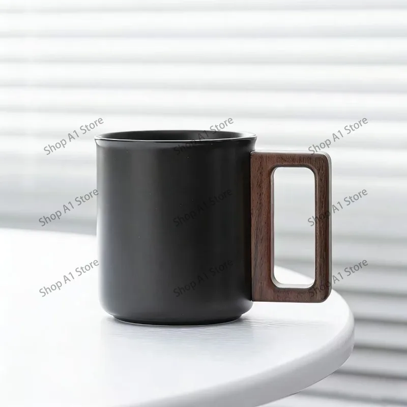 High-End Retro Solid Colour Ceramic Mug, Wooden Handle Office Coffee Drinking Cup