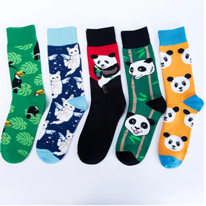 5 Pairs Men's Fashion Winter Funny Cartoon Panda socks for Man gifts set Bundle 100℅ cotton Adults Couple Crew Sock High Quality