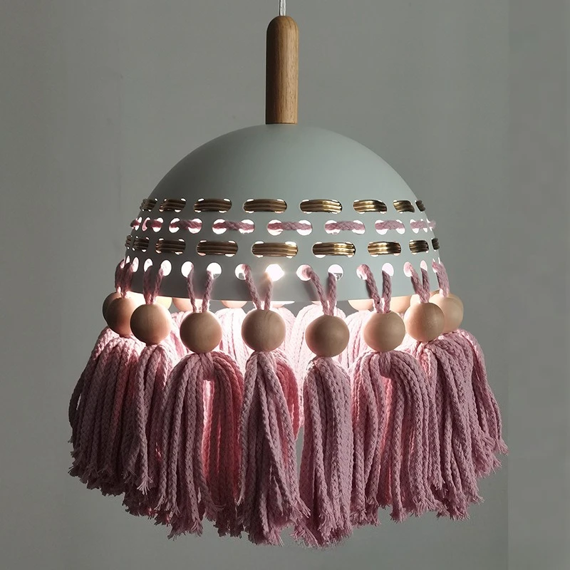 French Rope Woven Tassel LED Pendant Light Rotundity Wrought Iron Hanging Lamp Living Room Bedroom Restaurant Kitchen Chandelier