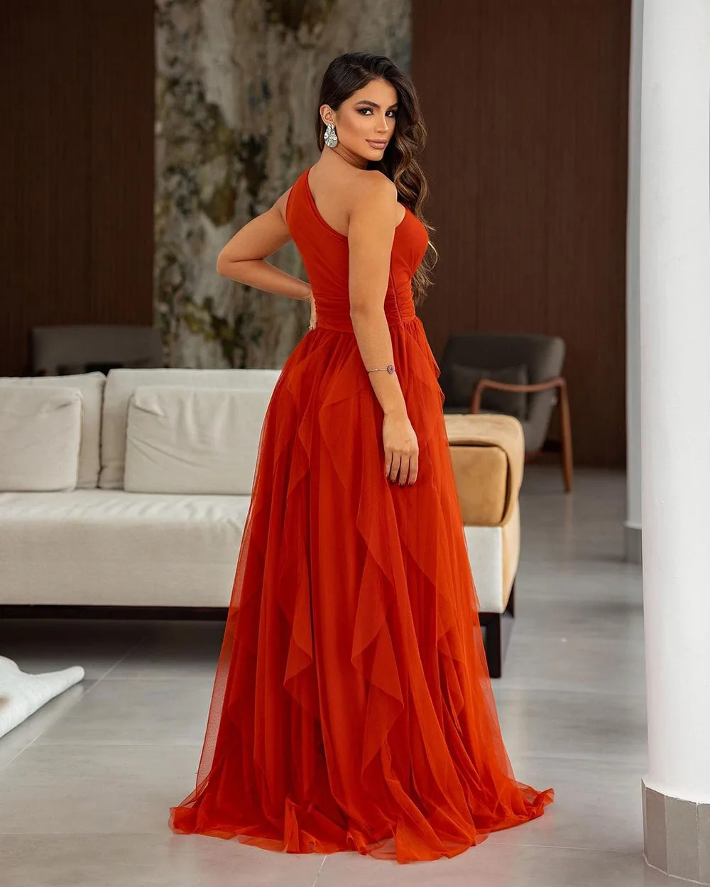 SoDigne Orange Formal Evening Dresses One Shoulder Ruched Tiered Prom Gown Dubai Long Women Special Occasion Dress