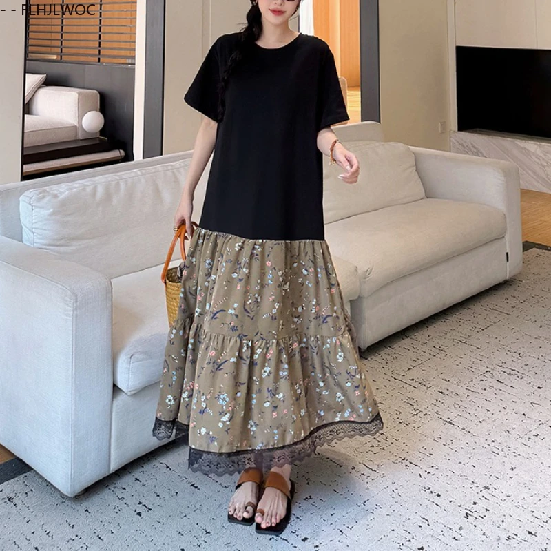 ชุดหลวมผู้หญิง Vestidos ยุโรปสไตล์ผู้หญิง 2025 ฤดูร้อน Patchwork ลูกไม้สีดํา Ruffles สีดําผ้าฝ้ายผสมเสื้อยืดชุด