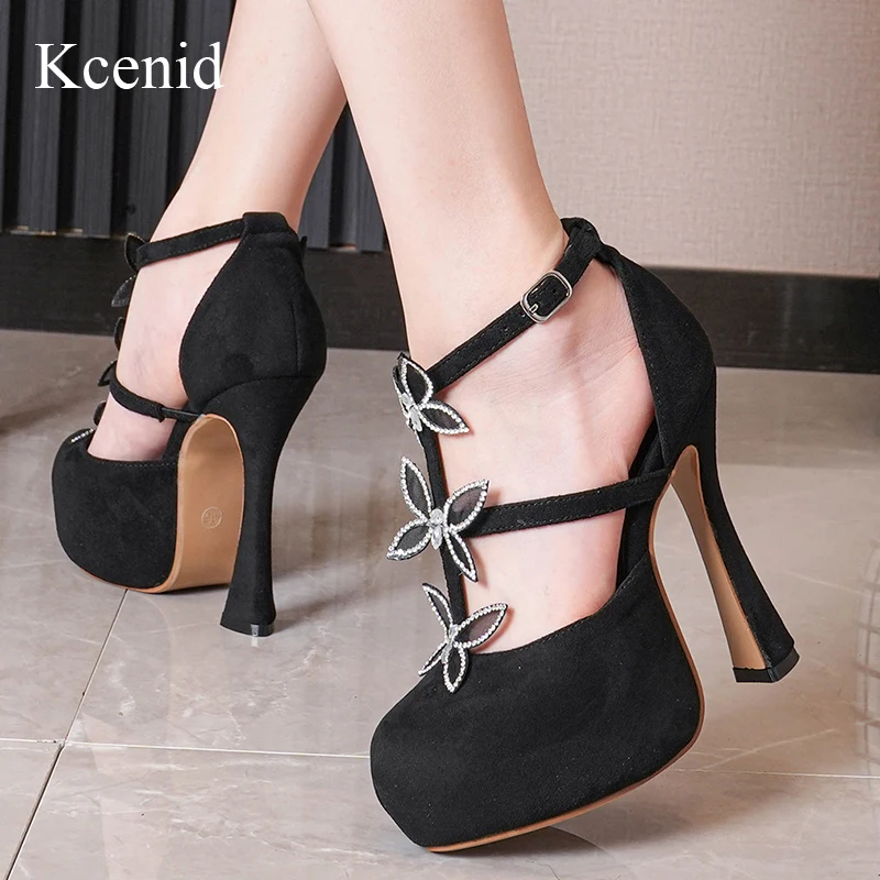 Kcenid Fashion Butterfly Decoration Summer New T-Strap Buckle Belt  Platform Pumps Women Chunky Heels Runway Stage Party Girl