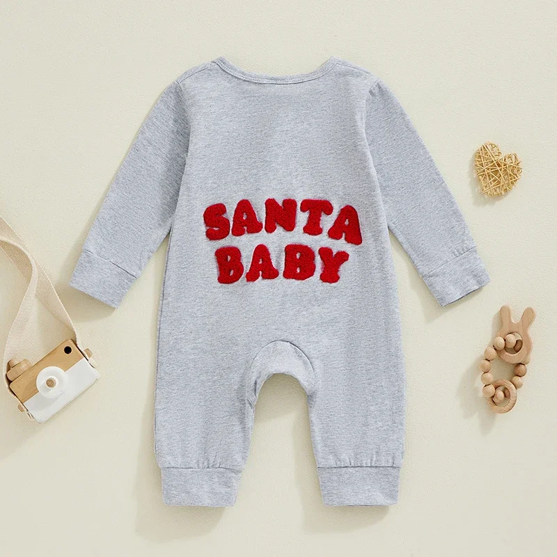 Pelele de Navidad para bebé de 0 a 12 meses, mono con cremallera de longitud completa y manga larga con bordado de letras en la espalda para niños pequeños