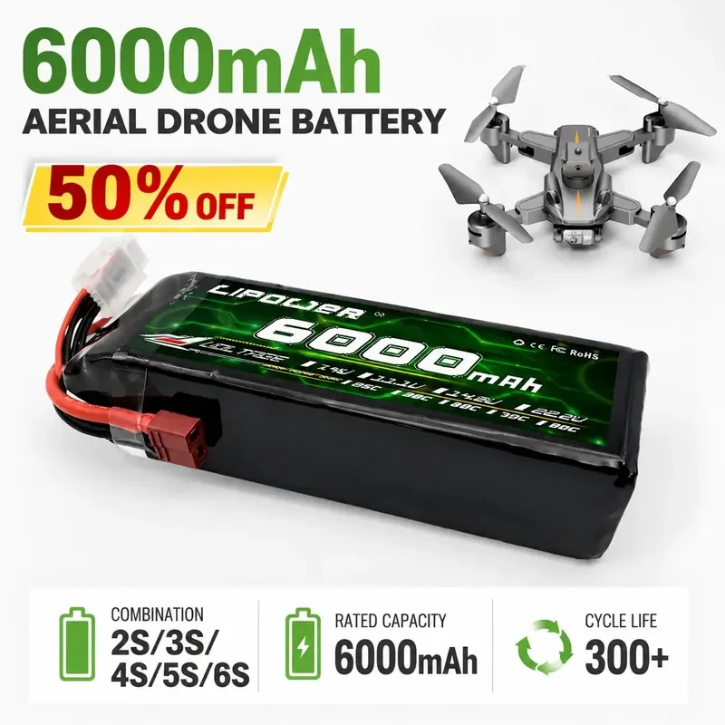 For Model Aircraft Battery 6000mAh 7.4V 11.1V 35C 50C High-Discharge Lithium Polymer Battery for  Aerial Drone