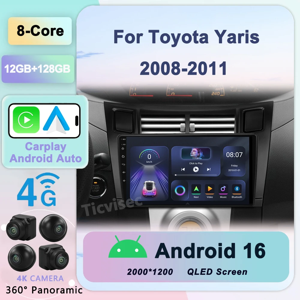 

12G+128G 2 Din Carplay Car Multimedia Player for Toyota Yaris 2007 Radio Fascia Car Radio 2005 - 2012 Android GPS Navigator