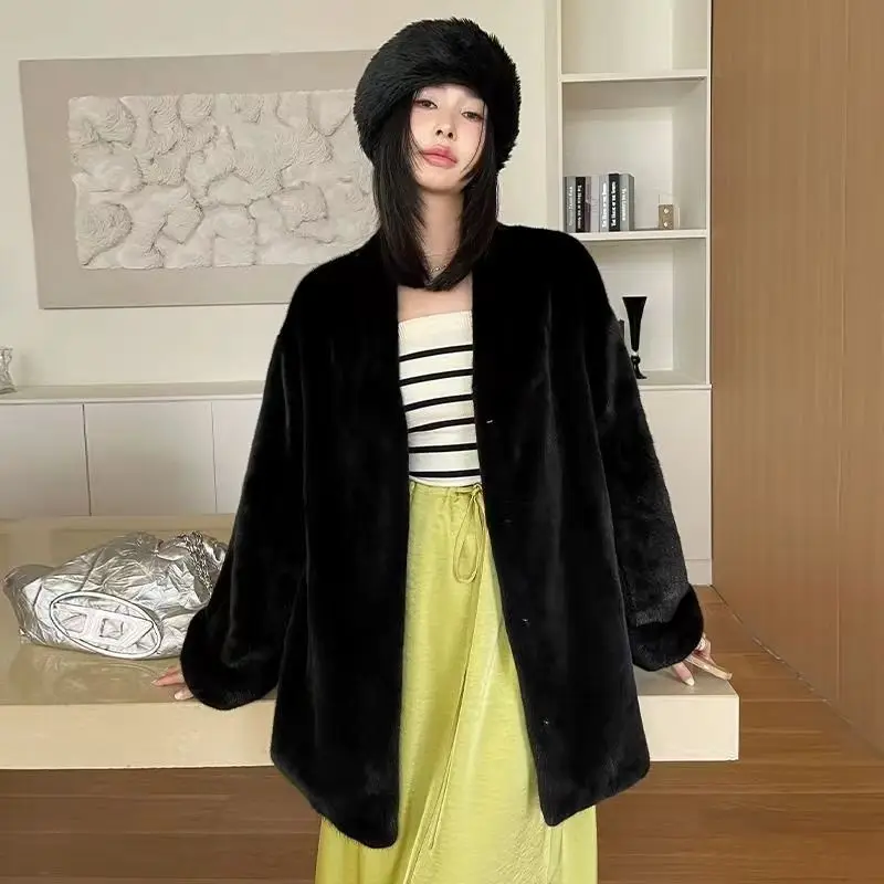 Faux Mink Fur Coat for Women,V-Neck Jacket,Thick Warm Female Clothes, Covered Button, High Quality,Autumn and Winter