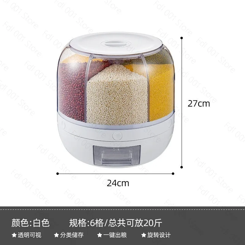 360° Rotating 6-Grid Grain Dispenser One-Touch Output Sealed Storage Container Moisture-Proof Rice Organizer for Kitchen Pantry