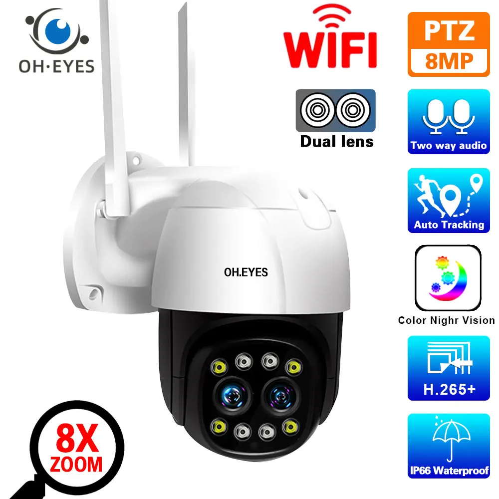 Caméra de permission PTZ IP Wifi 4K 8MP, Dispositif de Sécurité Sans Fil, avec Objectif pour Touriste, Suivi existent, Zoom 8X, Vision Nocturne, CCTV