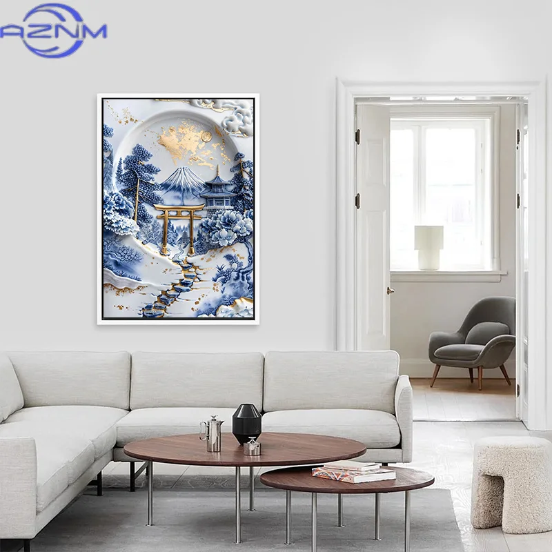 Retro Abstract Blue and White Porcelain Landscape Mountains and Rivers Canvas Printing Home Wall Decoration Frameless Painting
