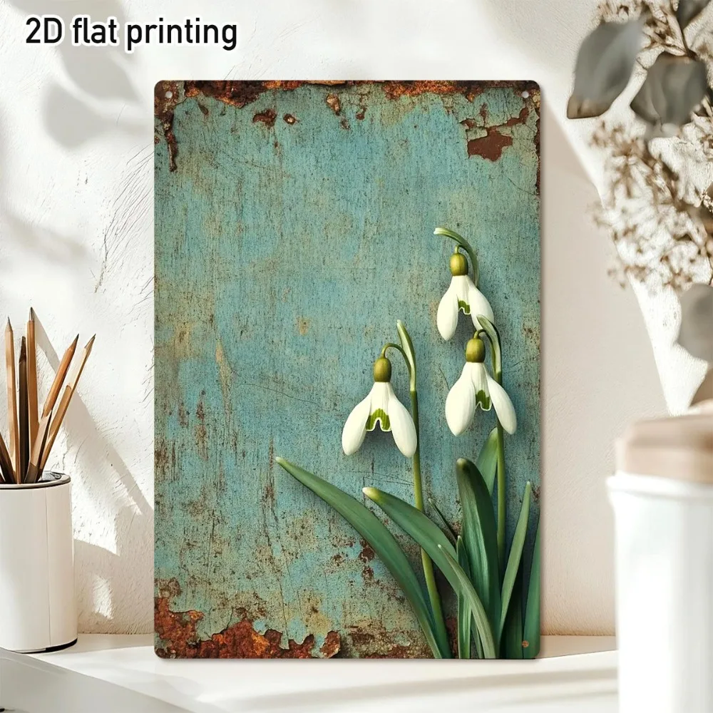 （2D Tin painting）Vintage Snowdrop Flower Metal Wall Art – Rustic Blue Floral Tin Sign for Farmhouse, Garden, Patio or Home De