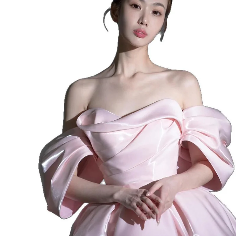 فستان خطوبة صغير وردي فاتح بدون أكتاف للتخسيس ملابس غير رسمية للحفلات المسائية وأعياد الميلاد