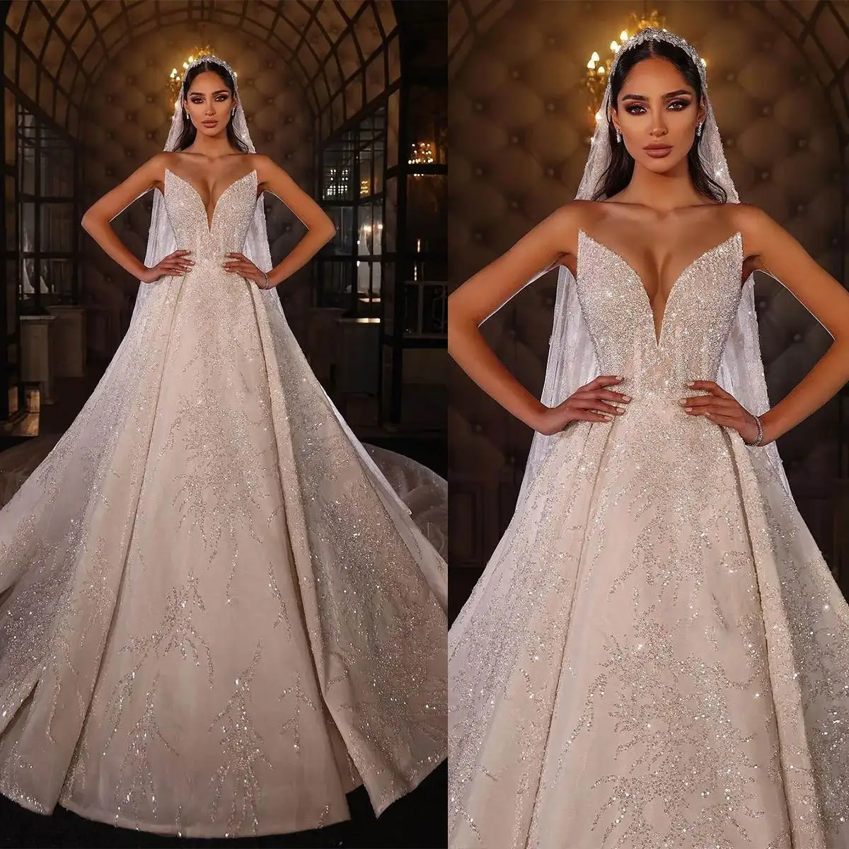 

Exquisite A Line Bride Gowns With Veil Sequins Beaded Applique Strapless Wedding Dress Sweep Train Bridal Dresses Customized