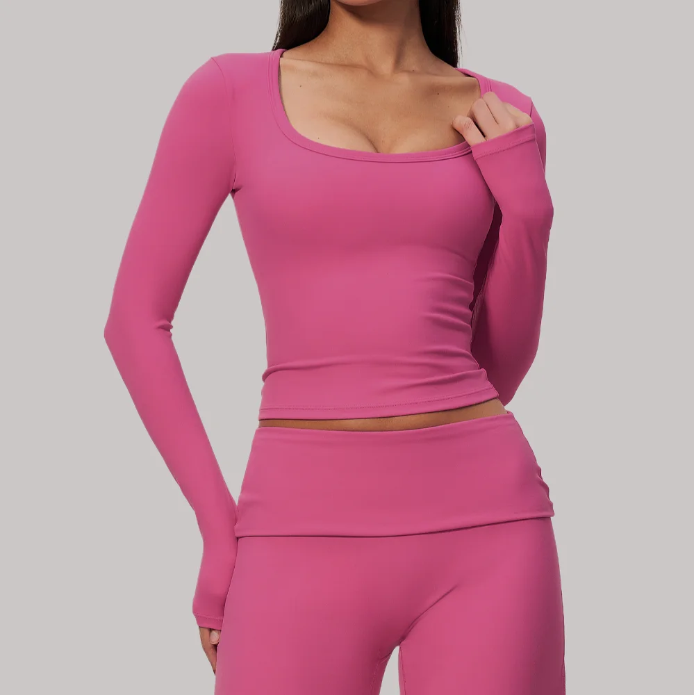 Women's Yoga T-shirt Fitness Top Running Workout Gym Long Sleeved Scoop Neck Padded Longline Slim Fit Stretchy Breathable Solid