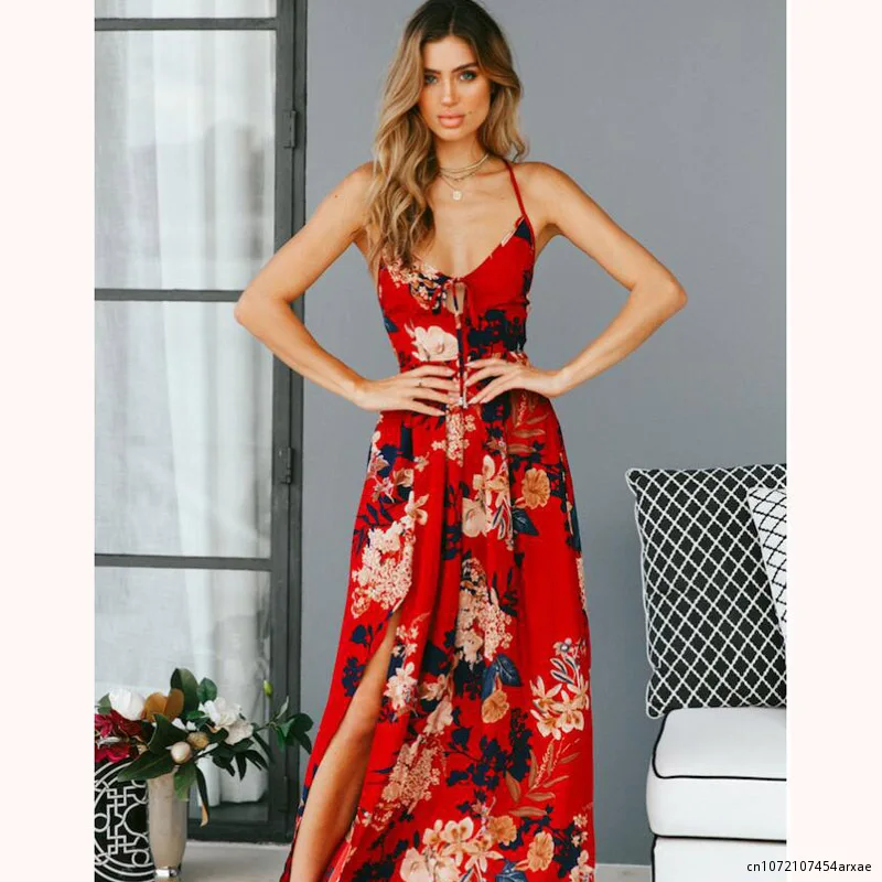 Rotes rücken freies florales Maxi kleid Sommer frauen sexy Party Spaghetti träger Sommerkleid Boho Beach High Weist Chiffon Kleid Vestidos