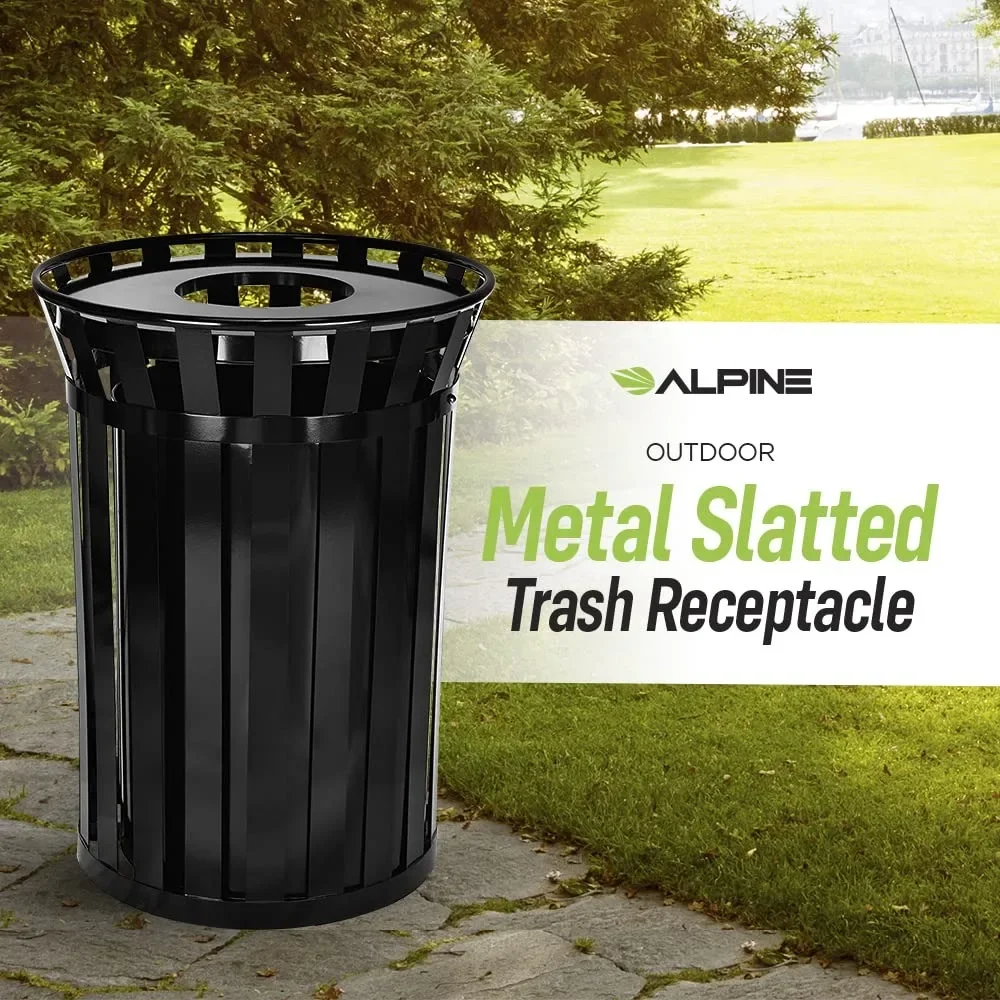 38 gallon heavy-duty metal trash can with lid and lining, all-weather large outdoor trash can