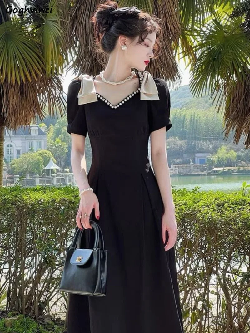 Dresses Women Defined Waist Trendy French Style Temperament Ins Bow Design Short-sleeved Vestidos Summer Sweet Girls Elegant