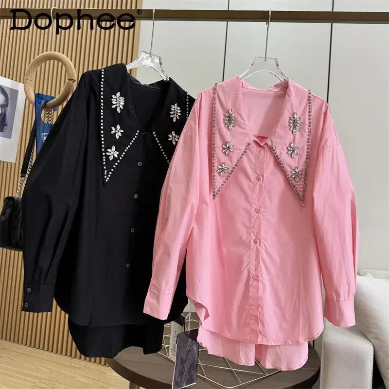 2024 Autumn New French Celebrity Style Hand-sewn Rhinestone Large Lapel Loose Silhouette Long-sleeved Cotton Shirt Top Women