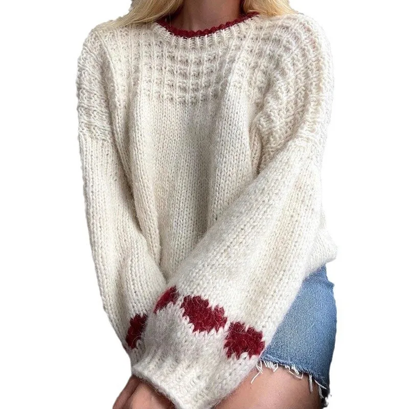 Women's Lazy Warm Knitted Sweater 2025 Autumn Winter New Fashion Solid Color Love Pattern Loose Long-sleeved Pullover Sweater