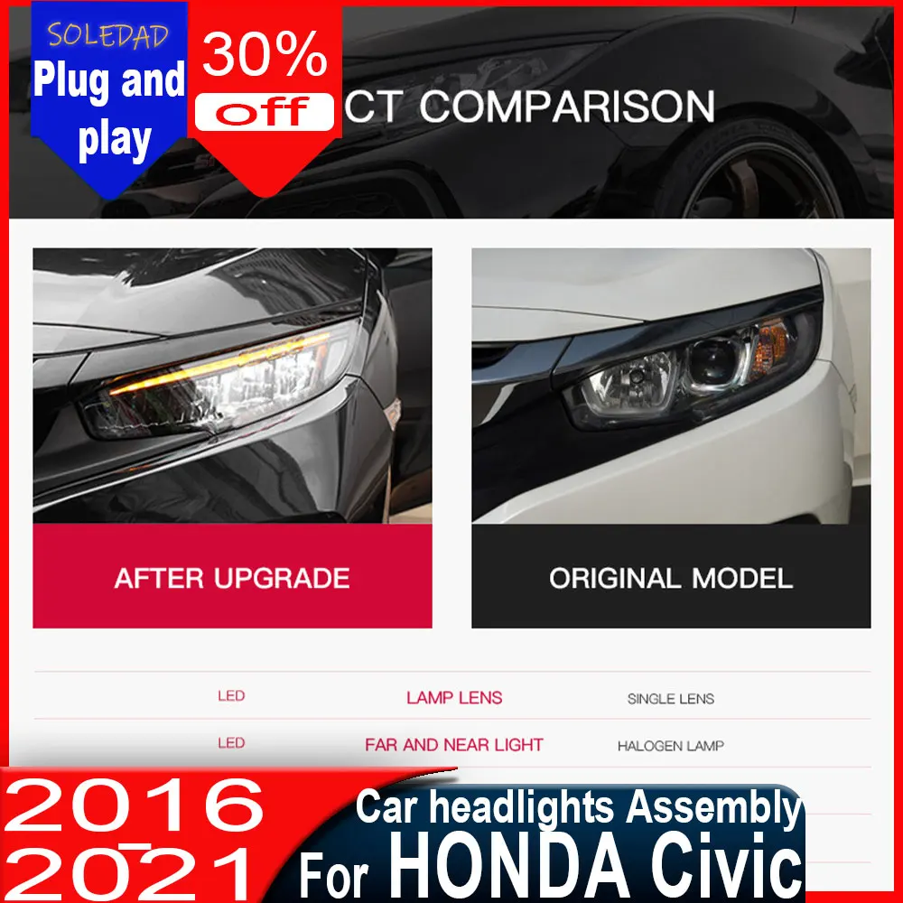 Car Headlight for Honda Civic 10th 2016 2017 2018 2019 2020 2021 Led Turn Signal  headlights Assembly  Car Accessories
