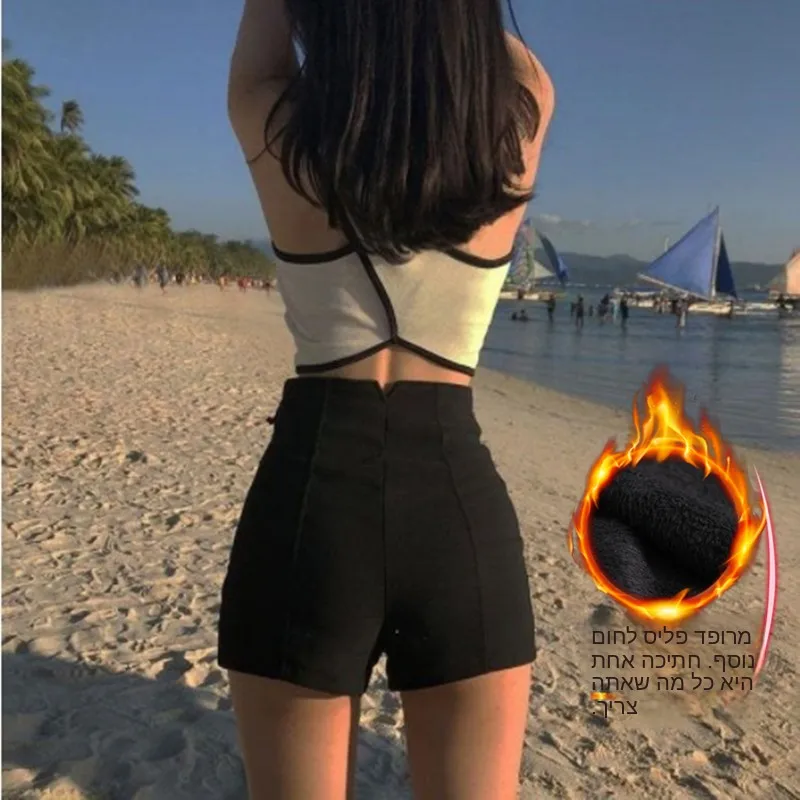 Black High-Waist Fleece Lined Slim Fit Women's Short Pants Spring Autumn Summer Trendy Winter Style Elastic Sexy Tight Base L...
