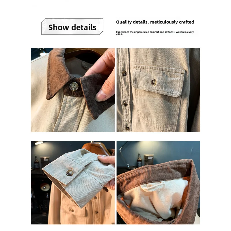 خريف جديد قميص سترة الرجال ملابس العمل الرجعية فضفاضة قميص زائد حجم اللون منعت طوق الملابس #5