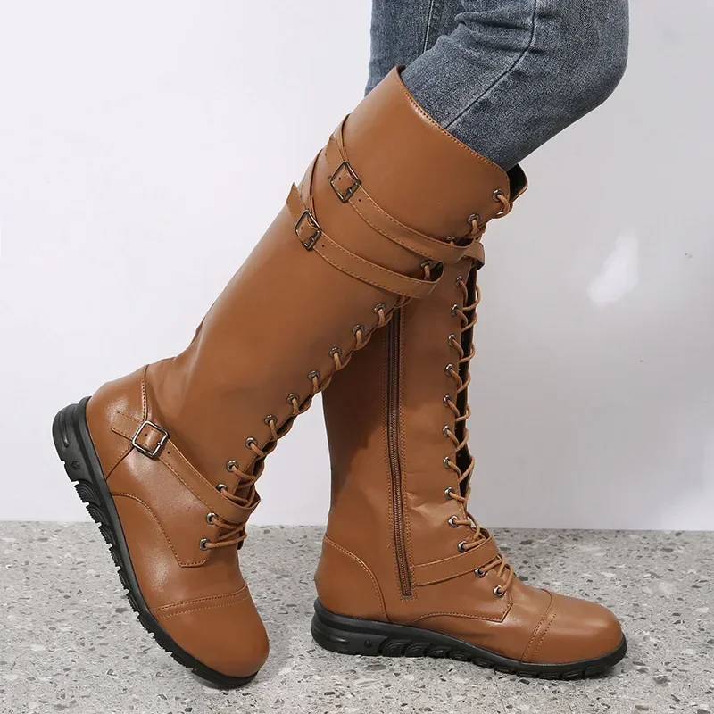 Knee High Boots Women Fashion Buckle High Tube PU Leather Boots Woman Zip Low Heels Long Botas Mujer Plus Size 43