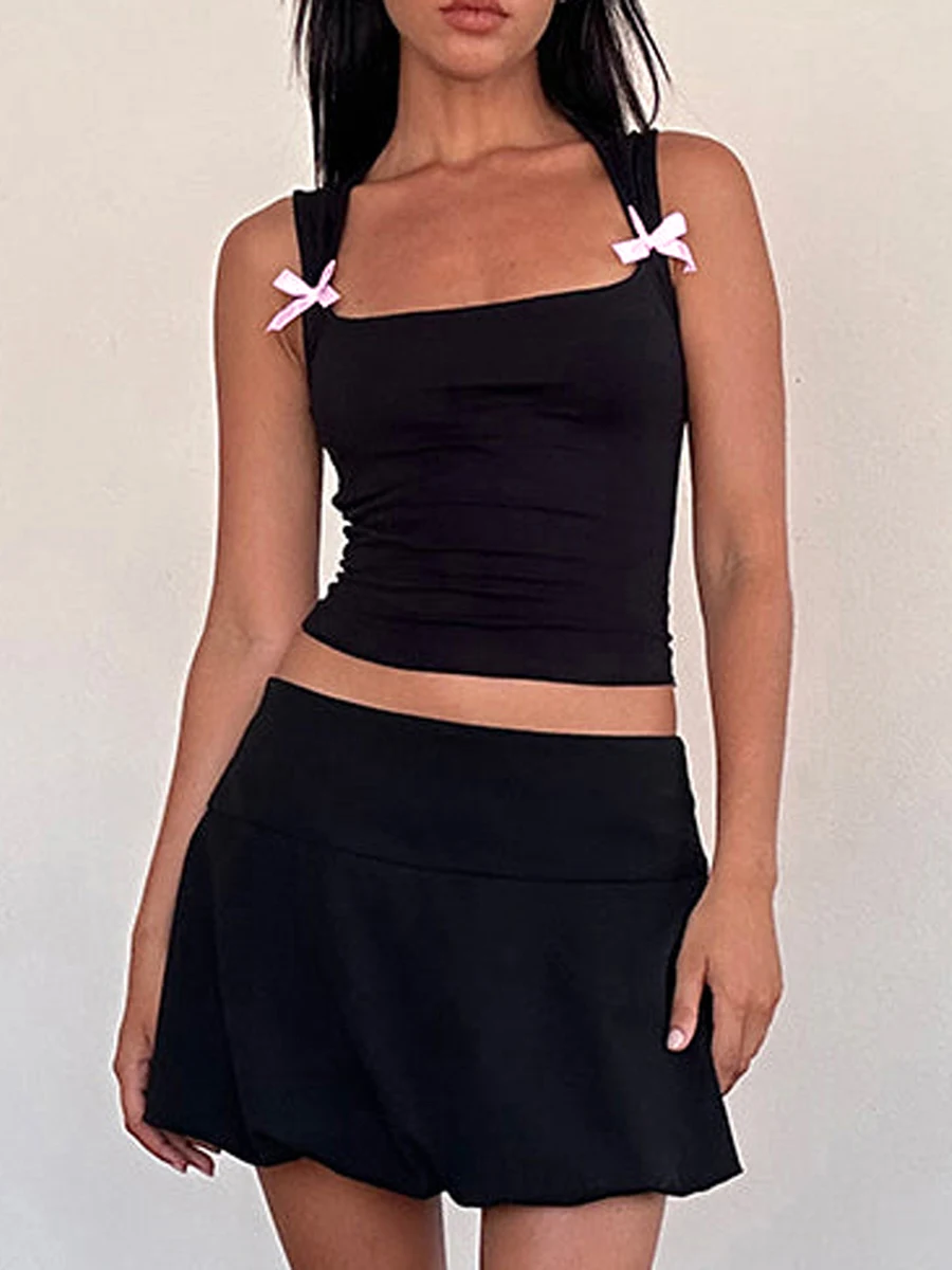 Frauen y2k kawaii Bogen verziert Westen süße Mädchen Tanktops Sommer mode ärmellose Slim Fit Crop Tops 1920er Jahre Streetwear