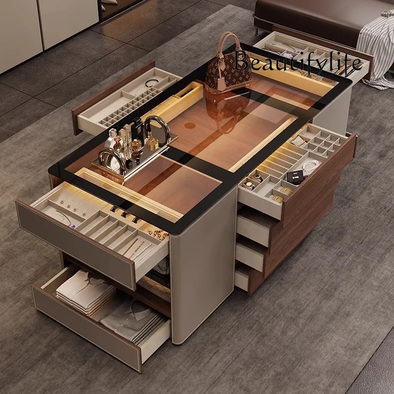 

Medieval jewelry storage display cabinet, bedroom cloakroom, mid-island cabinet, modern simple solid wood saddle leather locker