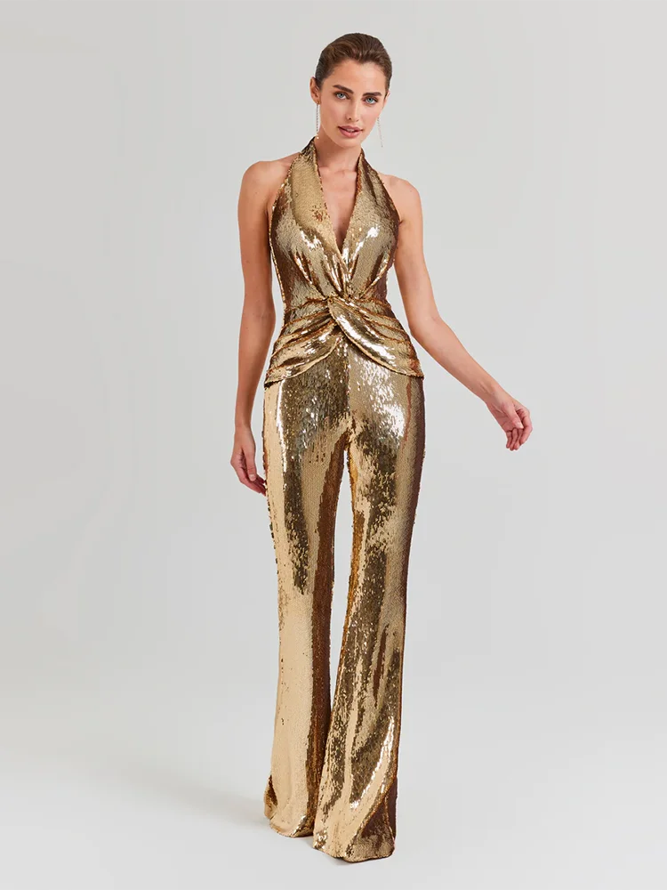 Women\'s Sleeveless Gold Sequin Jumpsuit Sexy V Neck Sparkle Sequined High Waist Wide Leg Pants Jumpsuit Celebrity Evening Party