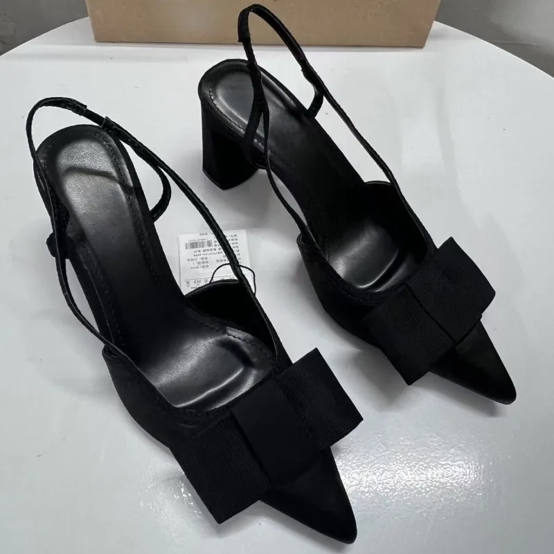 Vintage Black Women High Heeled Shoes Pointed Toe Shallow Fashion Bow-Knot Slingbacks Elegant Brand Designer Office Lady Pumps