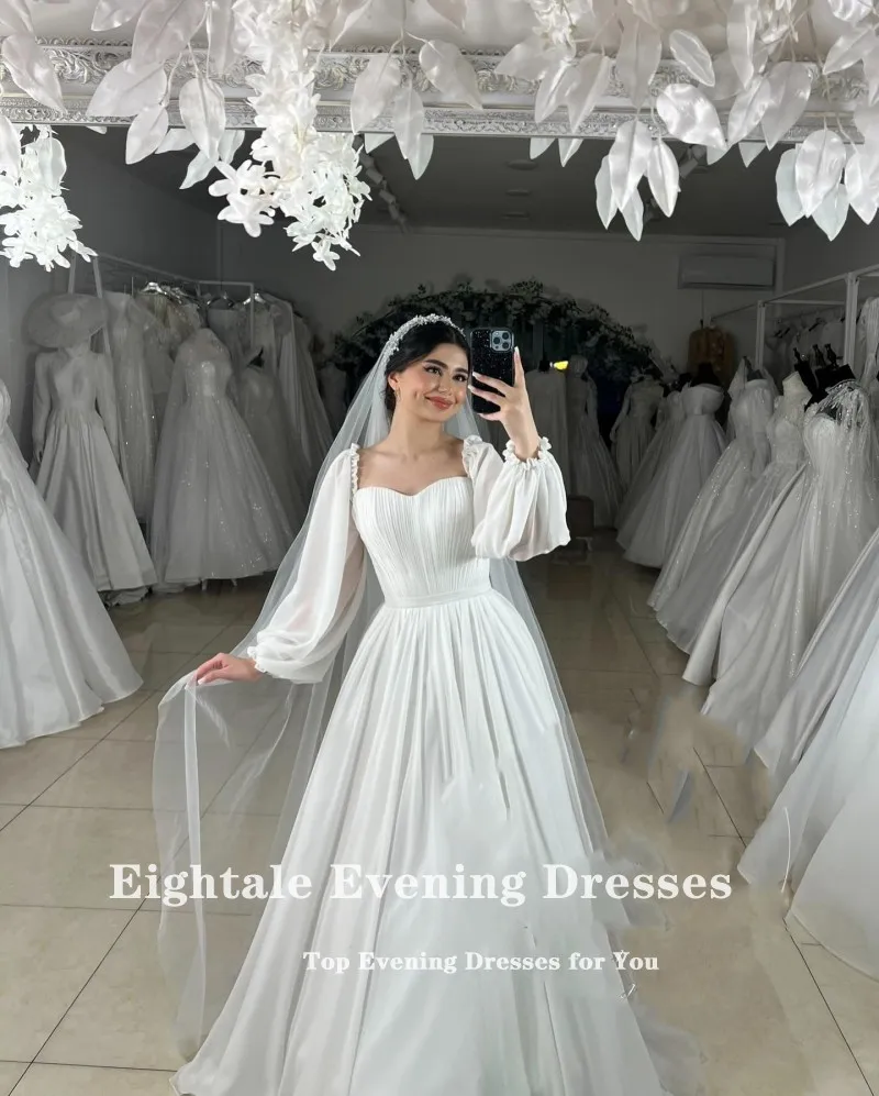 Eightale Arabic Wedding Dress Sweetheart Customized Ivory Chiffon Pleats Long Sleeves Bridal Gown A-Line Bride Party Dress