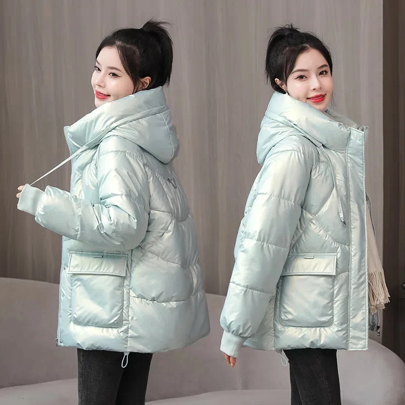 Chaqueta de invierno para mujer, abrigo de algodón brillante, chaqueta acolchada de algodón holgada coreana, Parkas con capucha para mujer, prendas