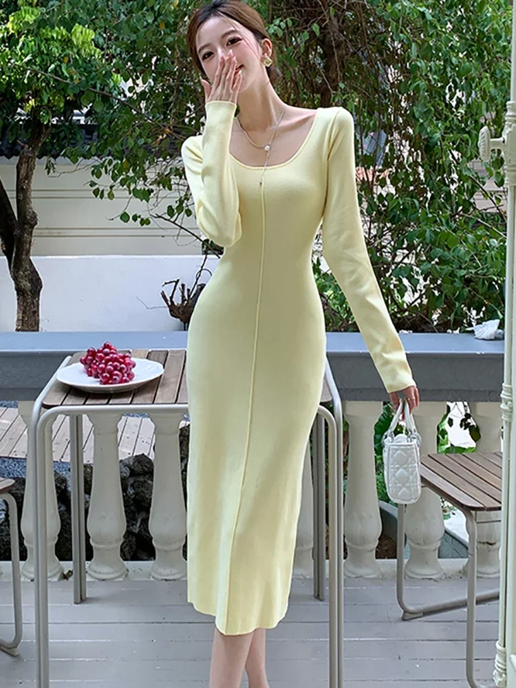 2025 الصلبة محبوك كم طويل فستان طويل غير رسمي المرأة أنيقة شيك سترة فستان الخريف الشتاء سميكة الدافئة فساتين السهرة الطرف