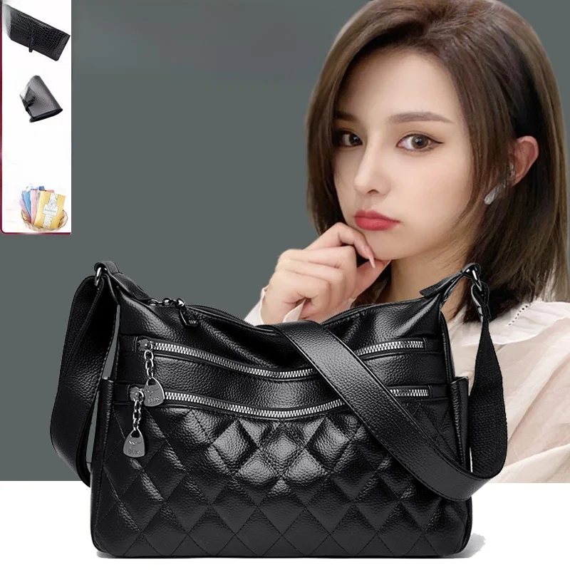 

Кожаная сумка для мамы, женская сумка среднего возраста, новинка 2026, универсальная модная мягкая кожаная сумка на одно плечо, наклонная сумка через плечо, многослойная большая...