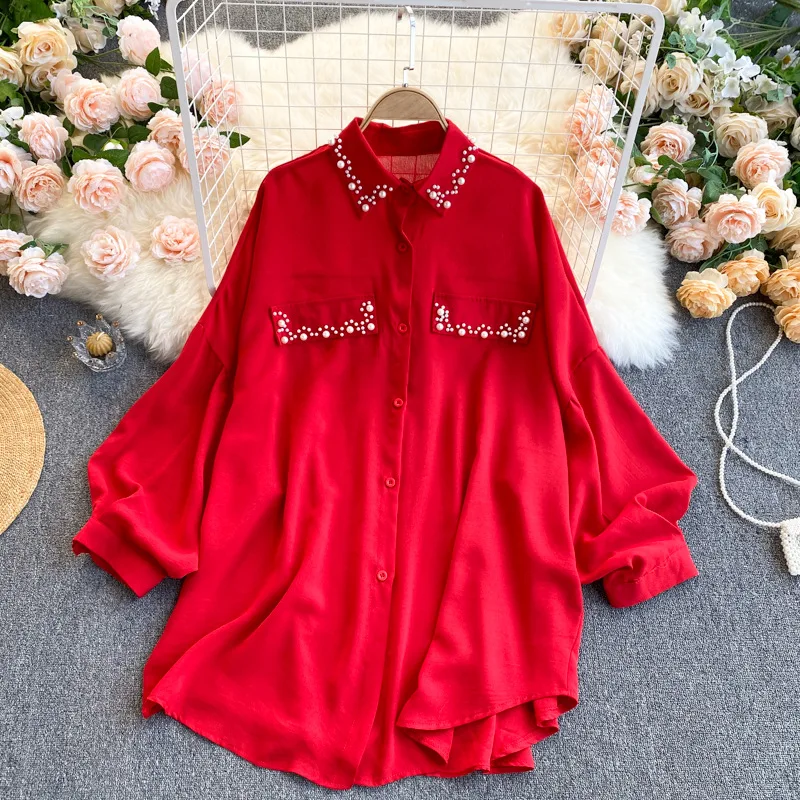 

Shirt Women Blouses Turn Down Collar Single Breasted Shirts Loose Long Sleeve Solid Casual Pearls Shirts Summer Splice 2025