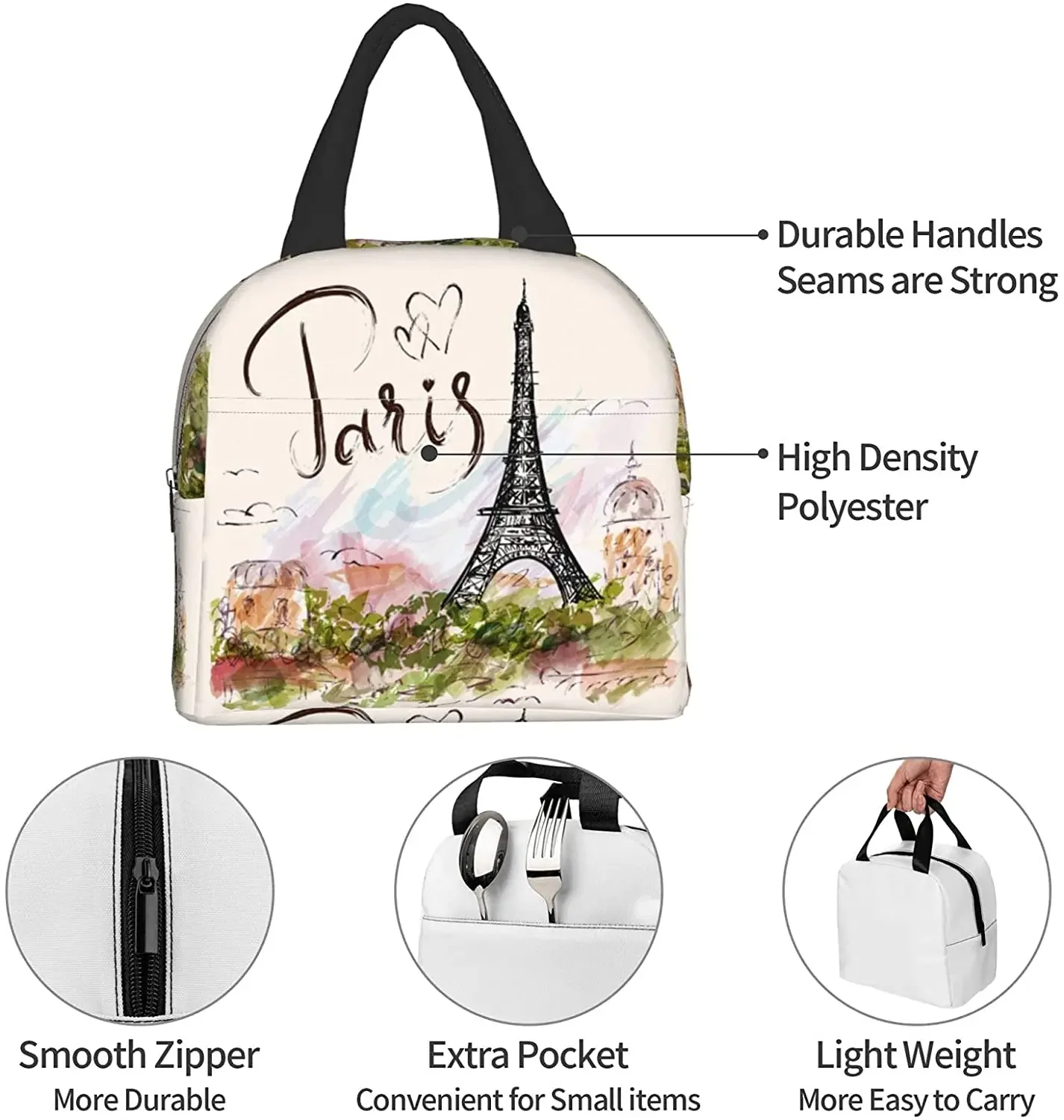 Paris Eiffel Tower Lunch Bags for Women Boy Girl Reusable Insulated Lunch Box Suitable Travel Work Picnic Beach Office Cooler