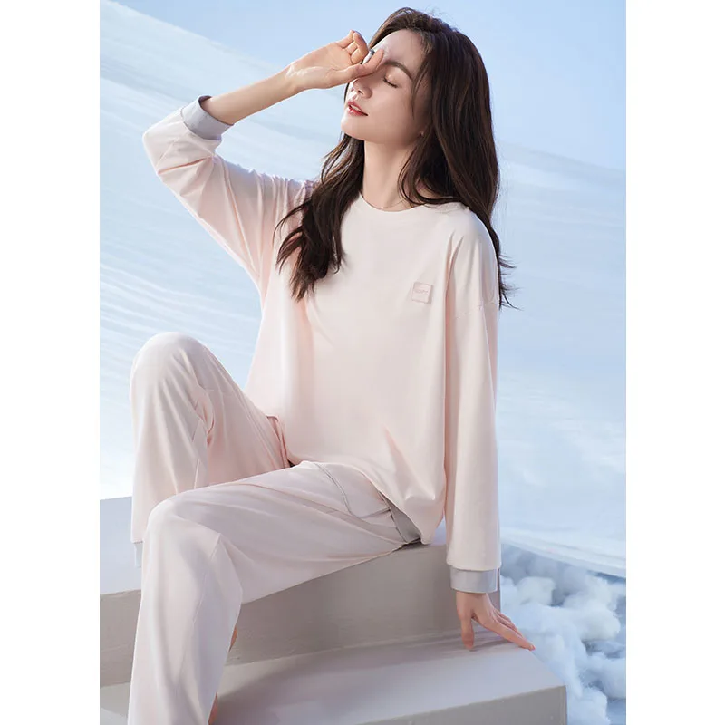 New Autumn O-Neck Female Pajamas Long Sleeve Pyjamas Korean 2 Pcs Simple Solid Color Pijamas Mujer Cotton Sleepwear Home Clothes