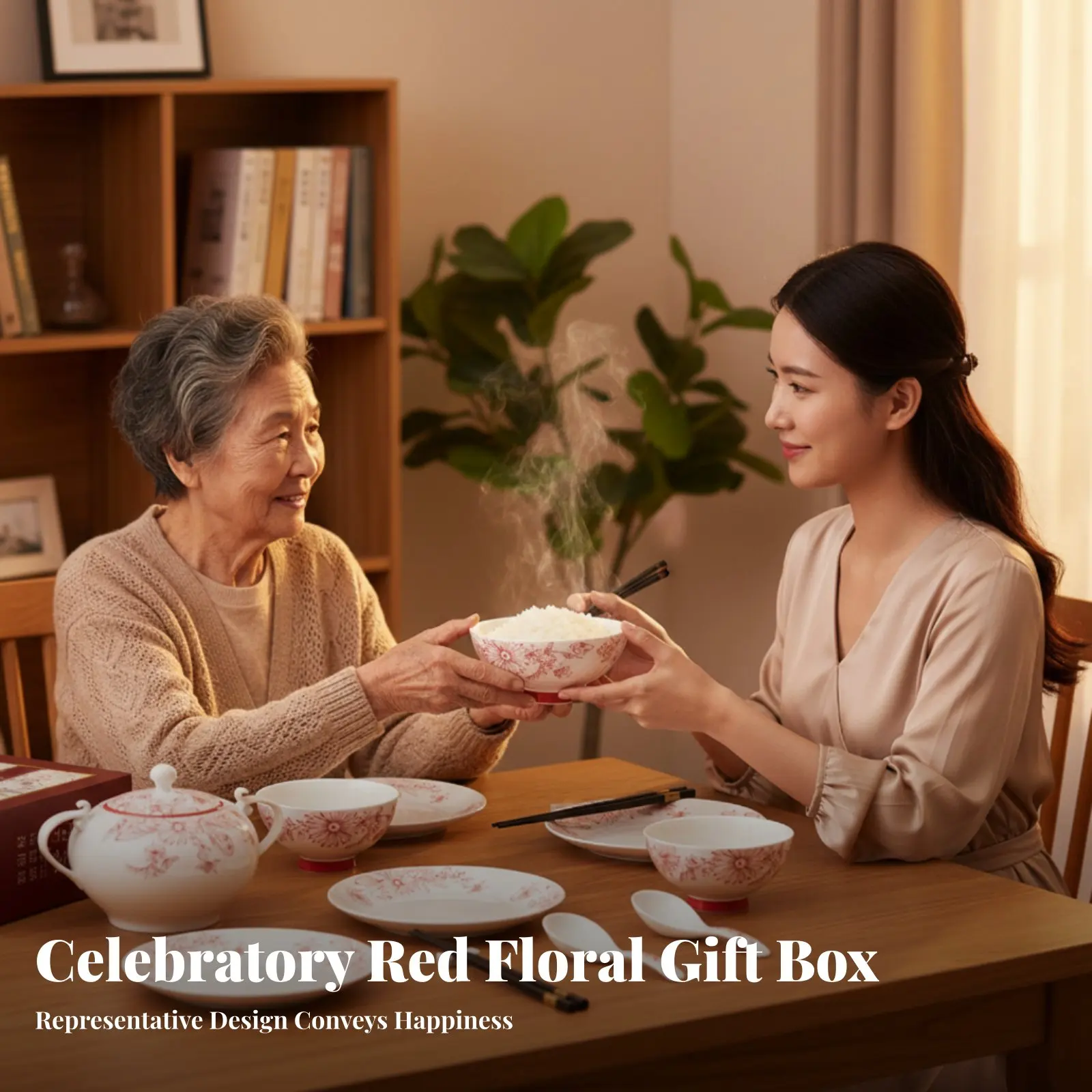 

Ceramic Tableware Set, Red Floral Bowls Plates Chopsticks, Wedding Gift Home Dinnerware, Festive Complete Set