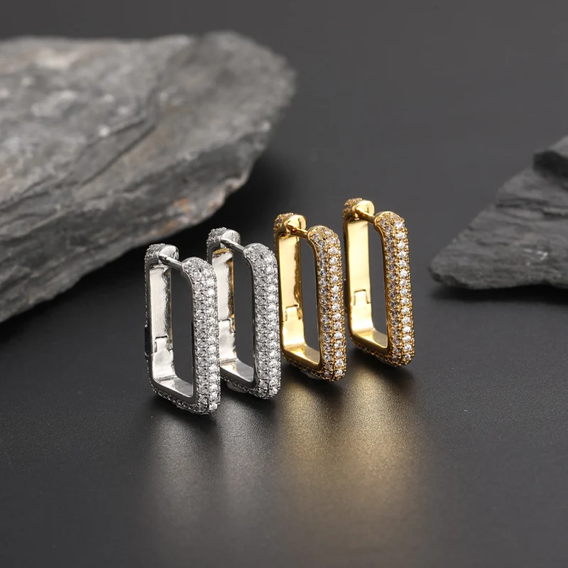 

1 Pair Hip Hop Claw Set 3A+ CZ Stone Bling Ice Out Geometric Square Hoop Earrings for Men Women Unisex Rapper Jewelry Gift