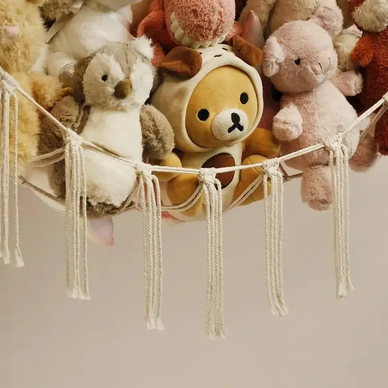 Hand Woven Triangular Toy Storage Net, Wall Hanging Organizer Net Pocket for Kids Room, Stuffed Animals Plush Dolls Storage Hamm