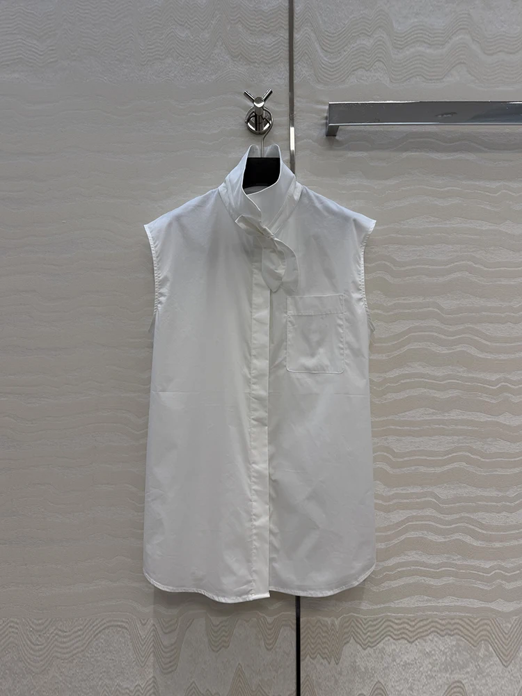 Summer Fashion White Translucent Thin Style Straight Barrel Shirt Women's Stand Collar Pockets Sleeveless Single Breasted Shirt