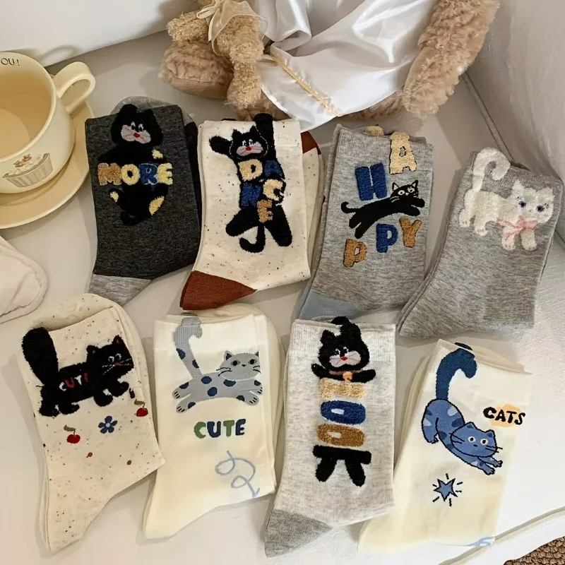 Random 3-Pair Cartoon Cat Mid-Calf Socks for Women, Spring/Autumn Style, with Cute Lettering, Ins-Style, Versatile Socks
