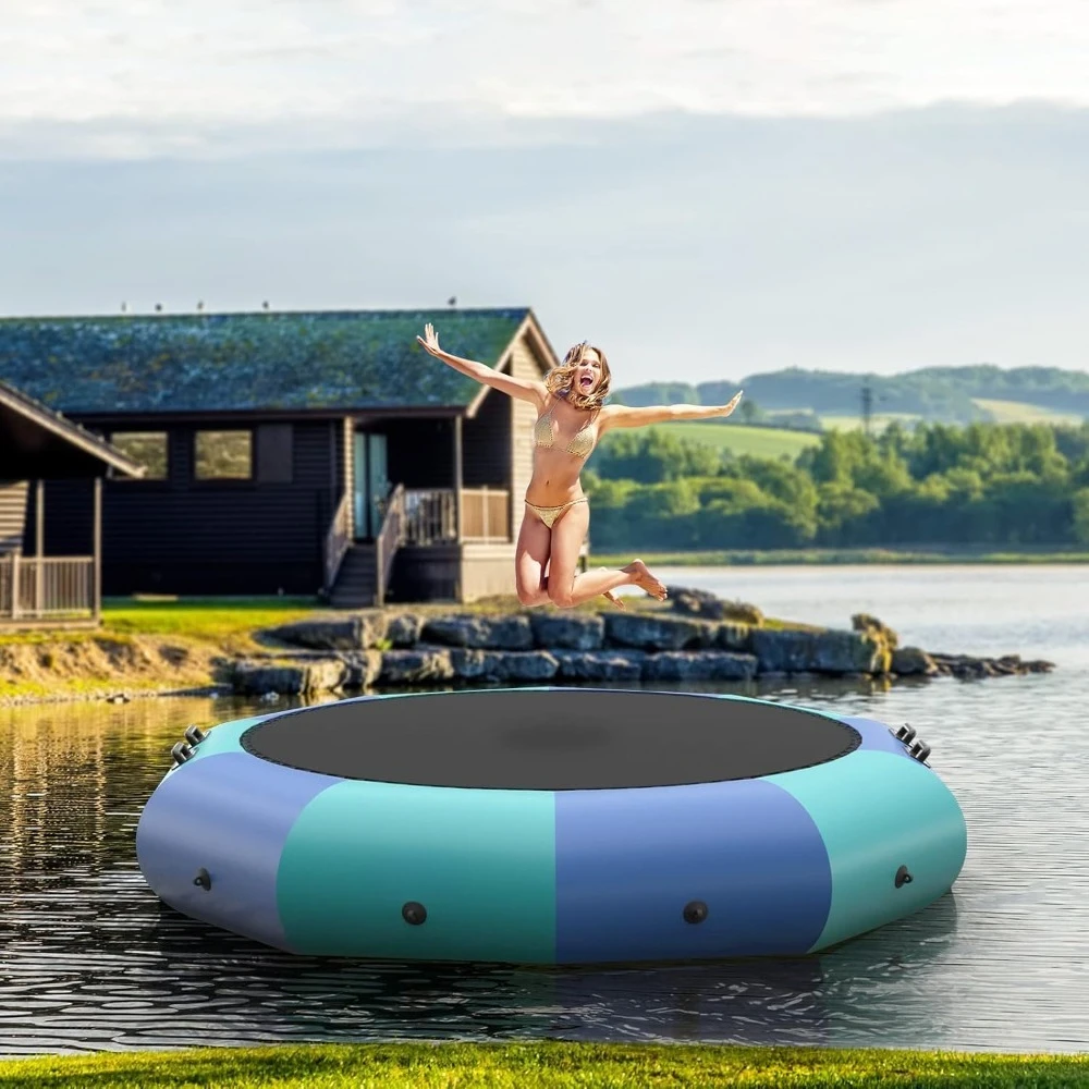 

Inflatable Water Trampoline, 10FT/12FT/15FT Recreational Water Bouncer w/Electric Inflator, Rope Ladder, Mooring Ropes